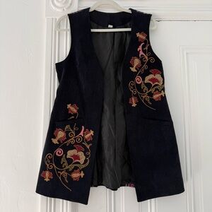 Embroidered Navy Blue corduroy Vest with Floral Design